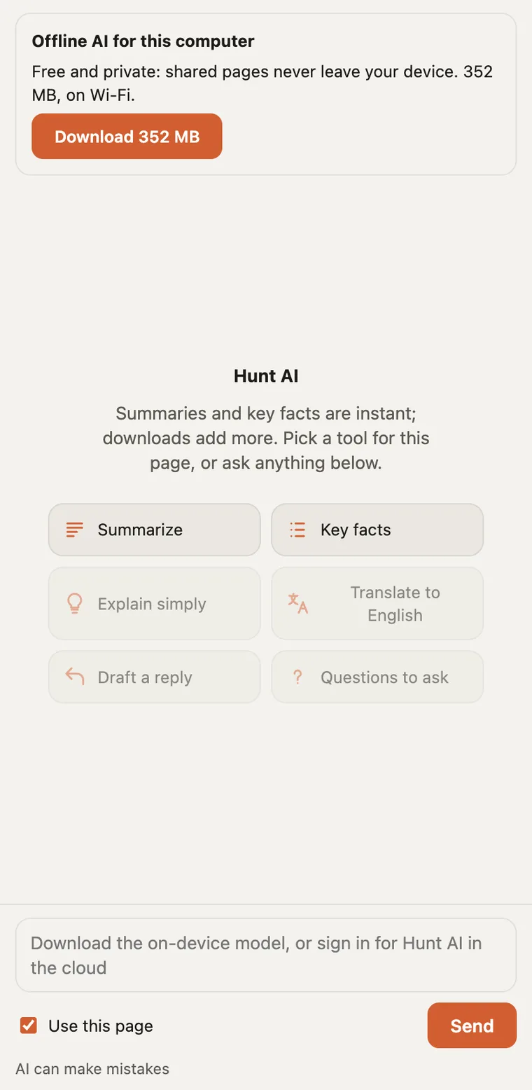 The Hunt AI panel beside a page: summarize, key facts, explain simply, translate, draft a reply