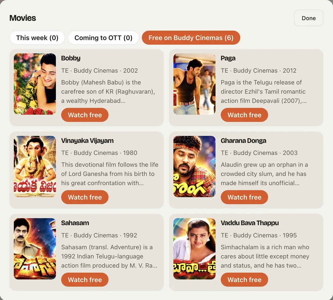 The Movies hub with free Telugu films from Buddy Cinemas