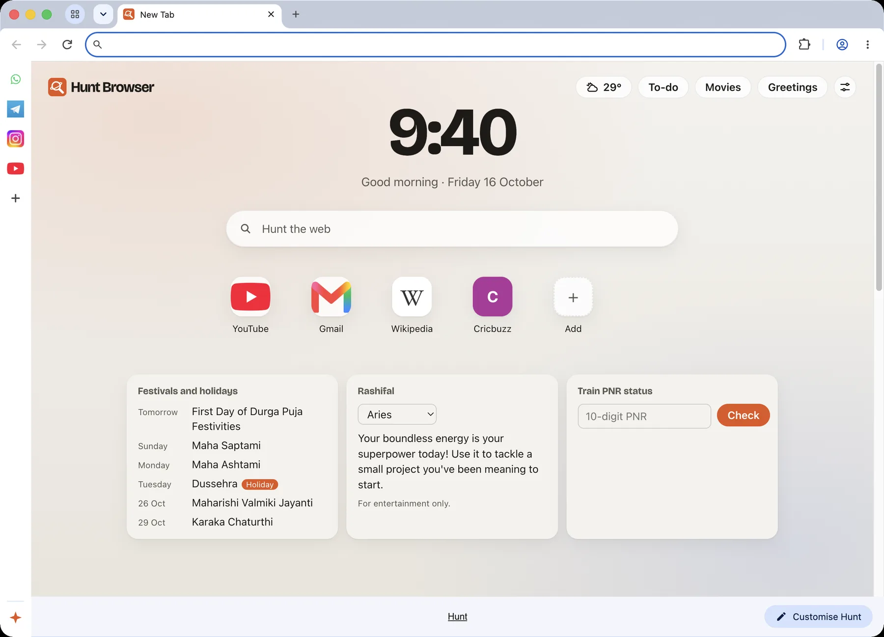 Hunt Browser's new tab: search, shortcuts, today's festivals, rashifal and train PNR status